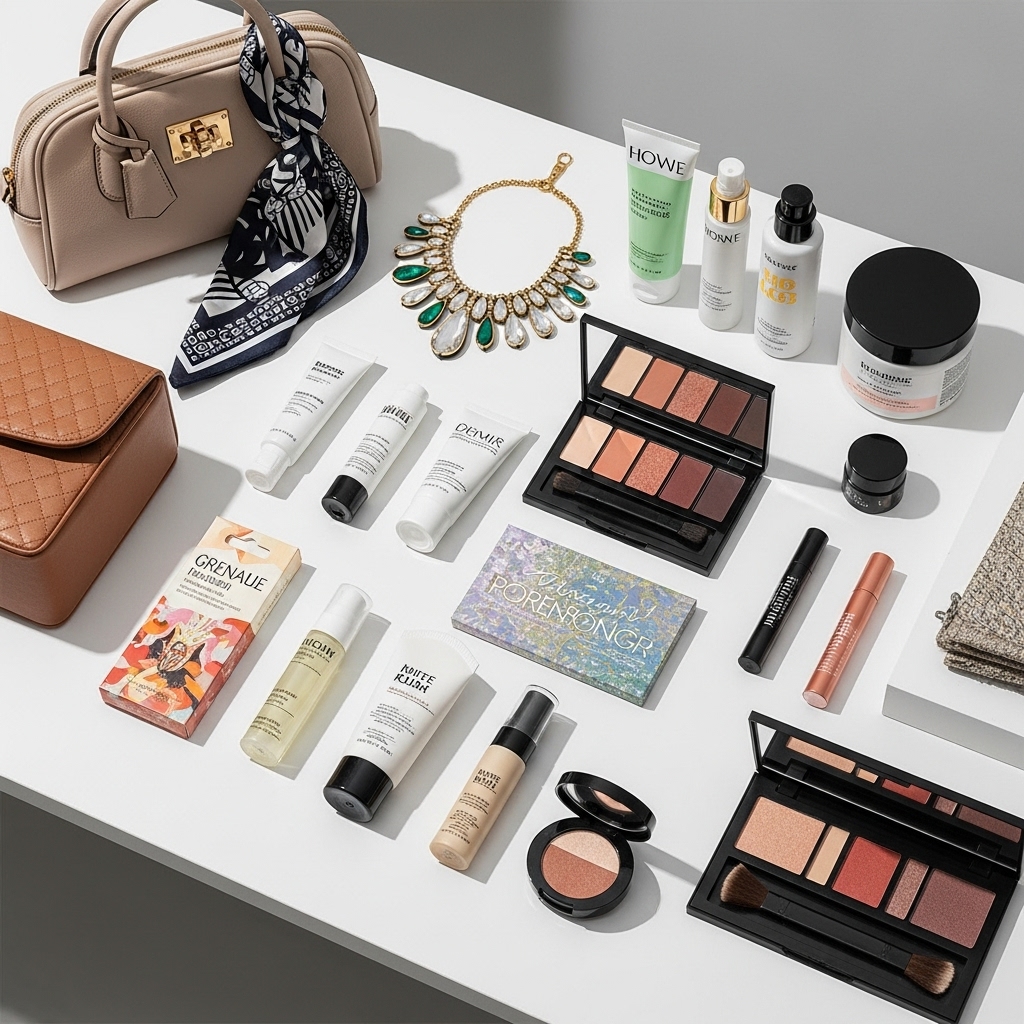 Fashion and beauty product collections including apparel, beauty supplies, and accessories